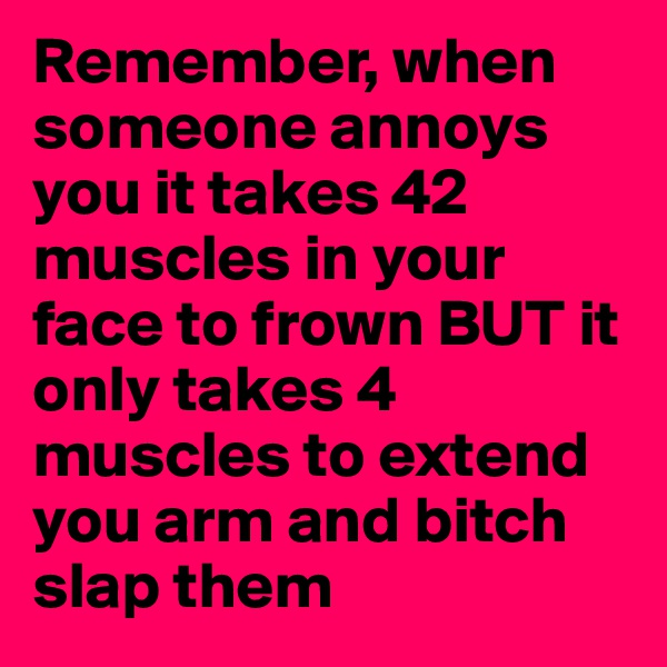 Remember, when someone annoys you it takes 42 muscles in your face to frown BUT it only takes 4 muscles to extend you arm and bitch slap them 
