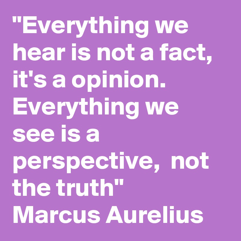 "Everything we hear is not a fact, it's a opinion. Everything we see is a perspective,  not the truth" 
Marcus Aurelius 