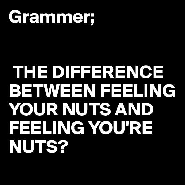 Grammer;


 THE DIFFERENCE BETWEEN FEELING YOUR NUTS AND FEELING YOU'RE NUTS?