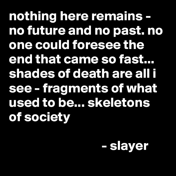 nothing here remains - no future and no past. no one could foresee the end that came so fast...
shades of death are all i see - fragments of what used to be... skeletons of society

                                  - slayer   