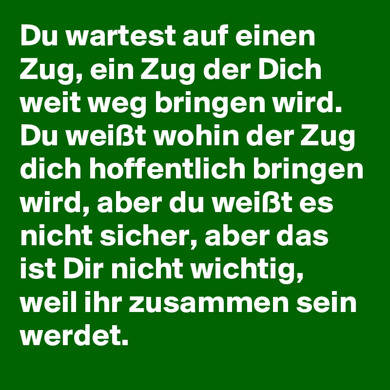 Du wartest auf einen Zug, ein Zug der Dich weit weg bringen wird. Du weißt wohin der Zug dich hoffentlich bringen wird, aber du weißt es nicht sicher, aber das ist Dir nicht wichtig, weil ihr zusammen sein werdet.