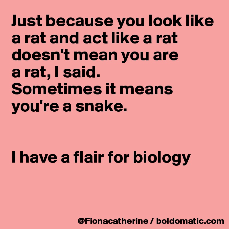 Just because you look like
a rat and act like a rat
doesn't mean you are
a rat, I said.
Sometimes it means
you're a snake.


I have a flair for biology


