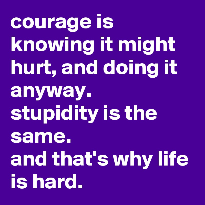 courage is knowing it might hurt, and doing it anyway. 
stupidity is the same. 
and that's why life is hard.