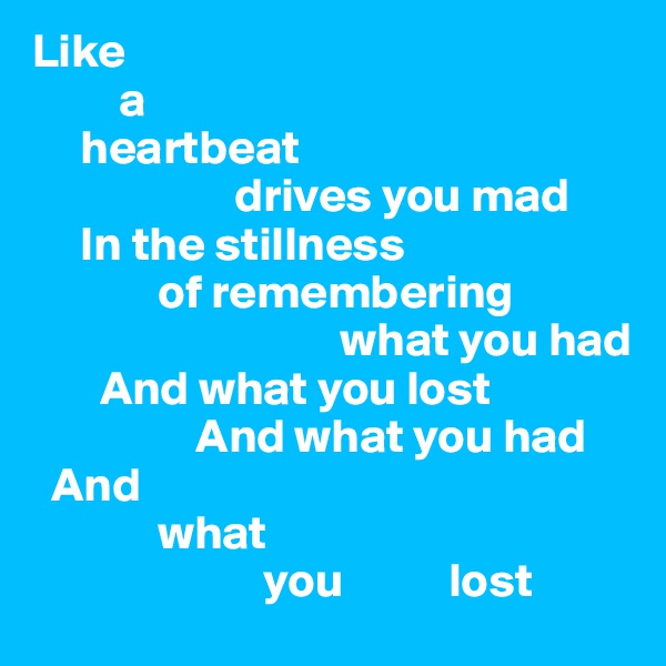 Like 
         a 
     heartbeat        
                     drives you mad 
     In the stillness 
             of remembering          
                                what you had
       And what you lost
                 And what you had
  And 
             what 
                        you           lost