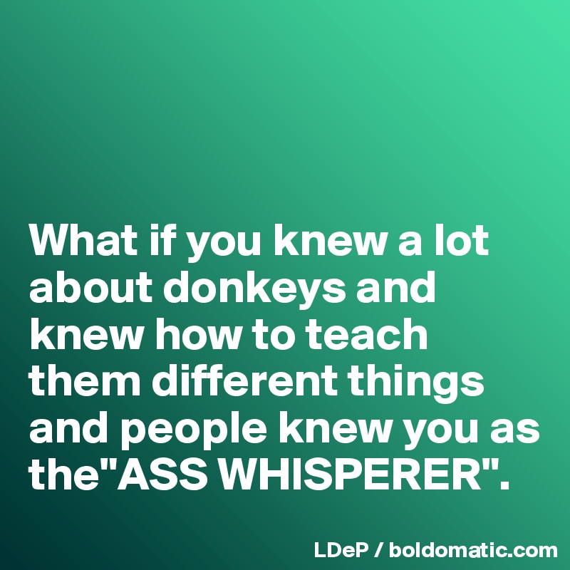 



What if you knew a lot about donkeys and knew how to teach them different things and people knew you as the"ASS WHISPERER". 