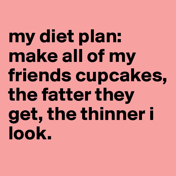 
my diet plan: make all of my friends cupcakes, 
the fatter they get, the thinner i look.
