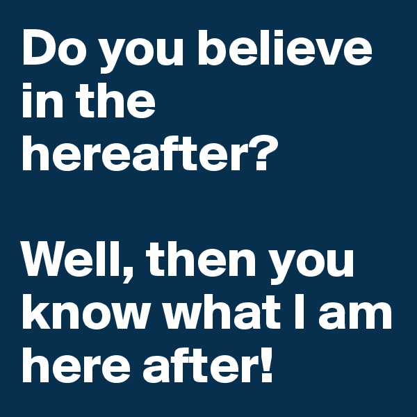 Do you believe in the hereafter?

Well, then you know what I am here after!