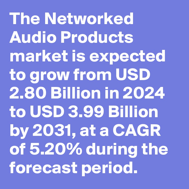 The Networked Audio Products market is expected to grow from USD 2.80 Billion in 2024 to USD 3.99 Billion by 2031, at a CAGR of 5.20% during the forecast period.