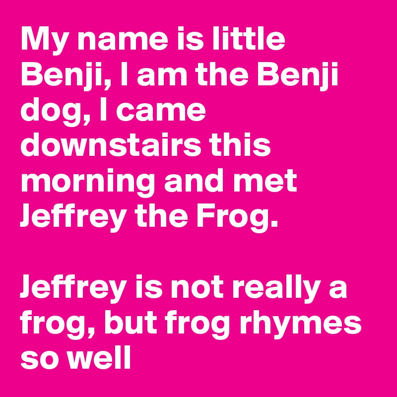 My name is little Benji, I am the Benji dog, I came downstairs this morning and met Jeffrey the Frog. 

Jeffrey is not really a frog, but frog rhymes so well