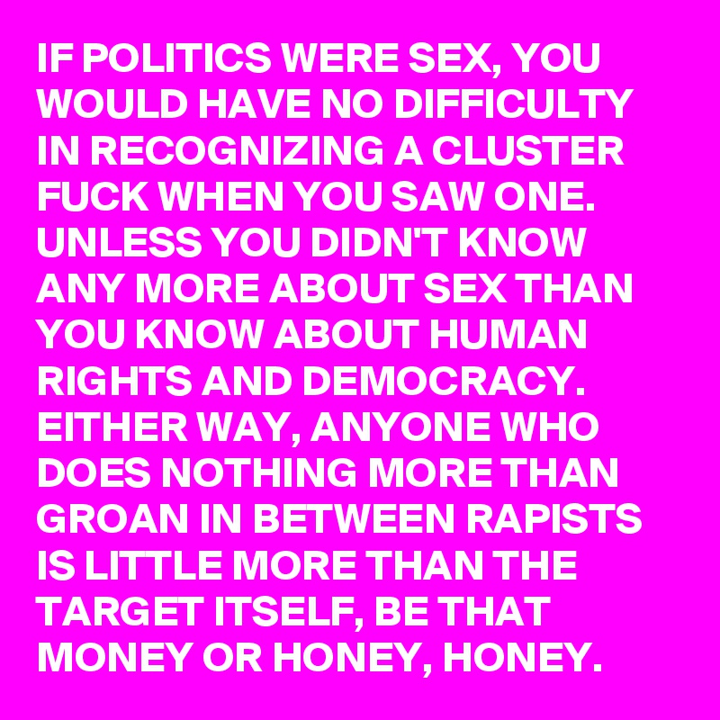 IF POLITICS WERE SEX, YOU WOULD HAVE NO DIFFICULTY IN RECOGNIZING A CLUSTER FUCK WHEN YOU SAW ONE. UNLESS YOU DIDN'T KNOW ANY MORE ABOUT SEX THAN YOU KNOW ABOUT HUMAN RIGHTS AND DEMOCRACY. EITHER WAY, ANYONE WHO DOES NOTHING MORE THAN GROAN IN BETWEEN RAPISTS IS LITTLE MORE THAN THE TARGET ITSELF, BE THAT MONEY OR HONEY, HONEY.