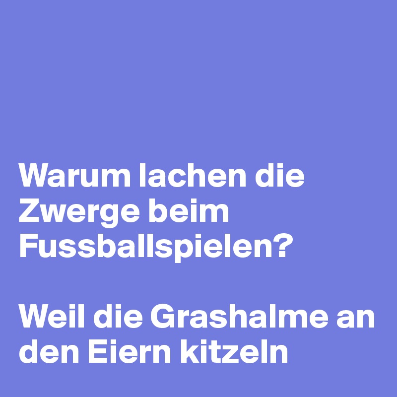 



Warum lachen die Zwerge beim Fussballspielen?

Weil die Grashalme an den Eiern kitzeln