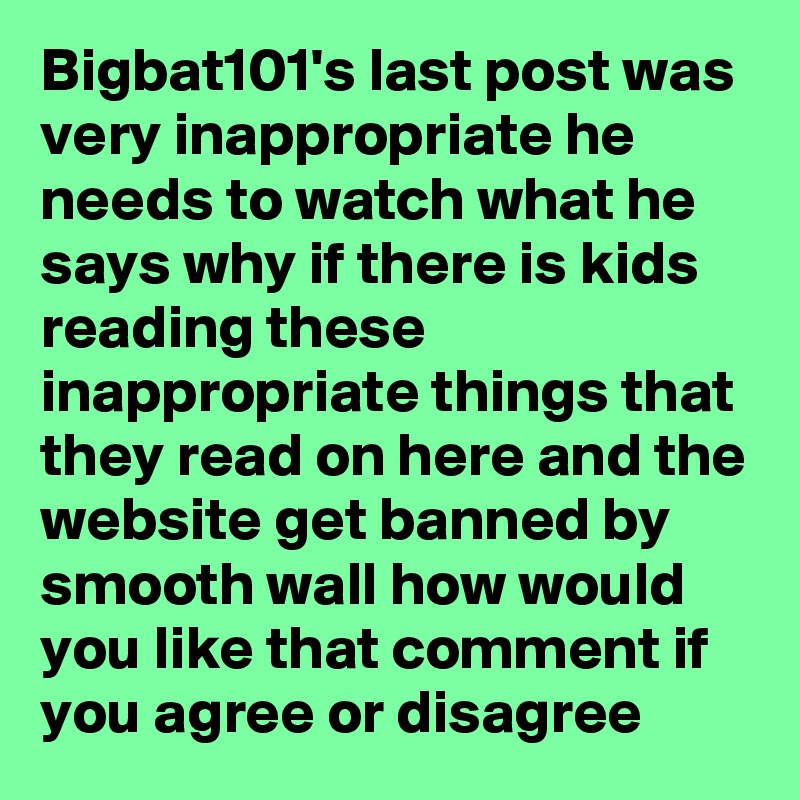 Bigbat101's last post was very inappropriate he needs to watch what he says why if there is kids reading these inappropriate things that they read on here and the website get banned by smooth wall how would you like that comment if you agree or disagree