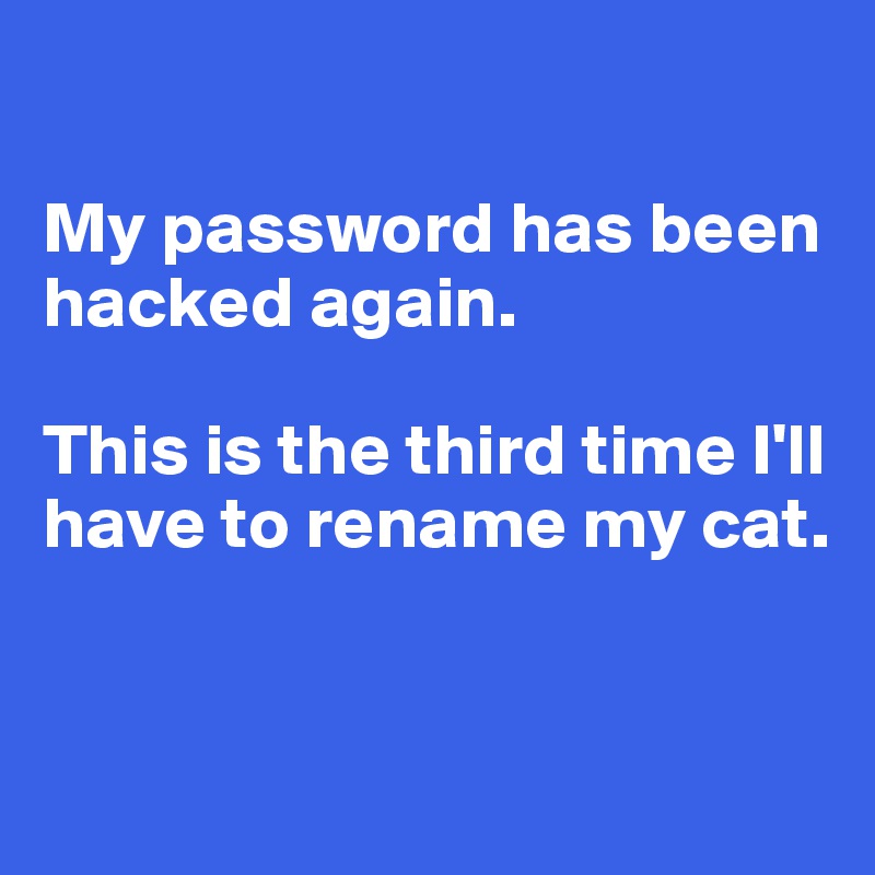 

My password has been hacked again. 

This is the third time I'll have to rename my cat. 


