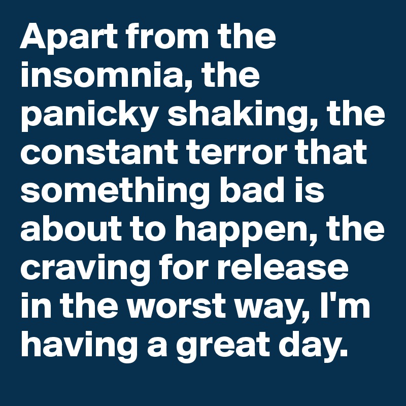 Apart from the insomnia, the panicky shaking, the constant terror that something bad is about to happen, the craving for release in the worst way, I'm having a great day.