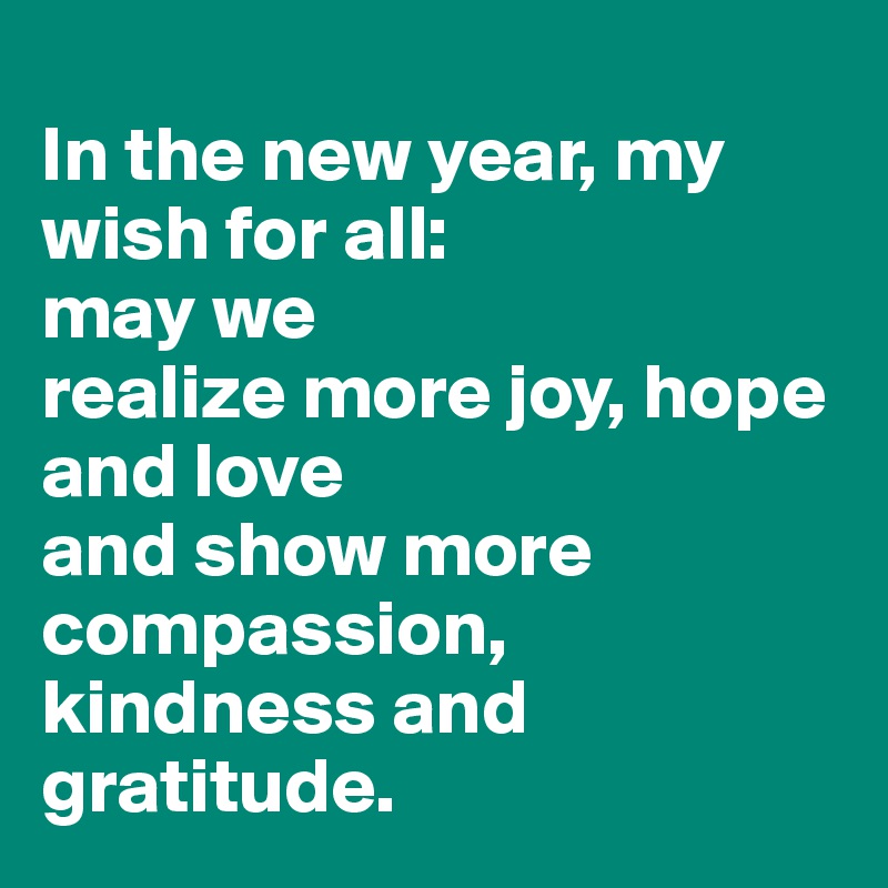 
In the new year, my wish for all: 
may we 
realize more joy, hope and love 
and show more compassion, kindness and gratitude.
