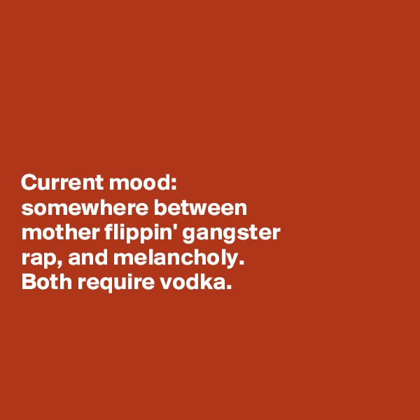 





Current mood: 
somewhere between 
mother flippin' gangster 
rap, and melancholy. 
Both require vodka. 



