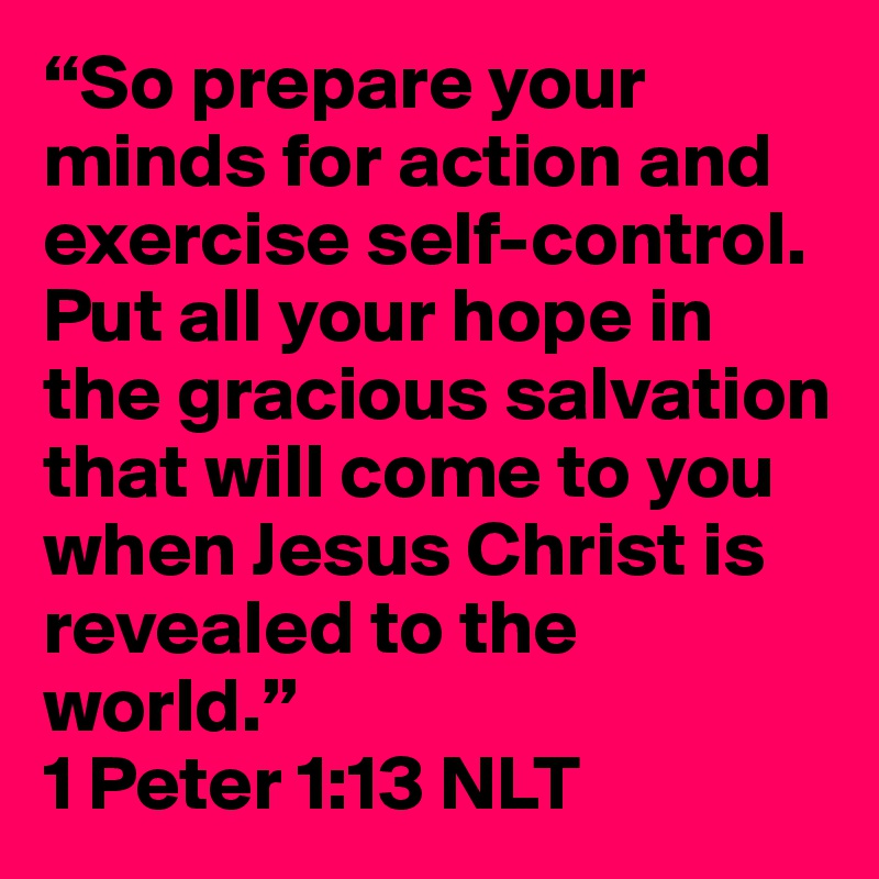 “So prepare your minds for action and exercise self-control. Put all your hope in the gracious salvation that will come to you when Jesus Christ is revealed to the world.”
1 Peter 1:13 NLT