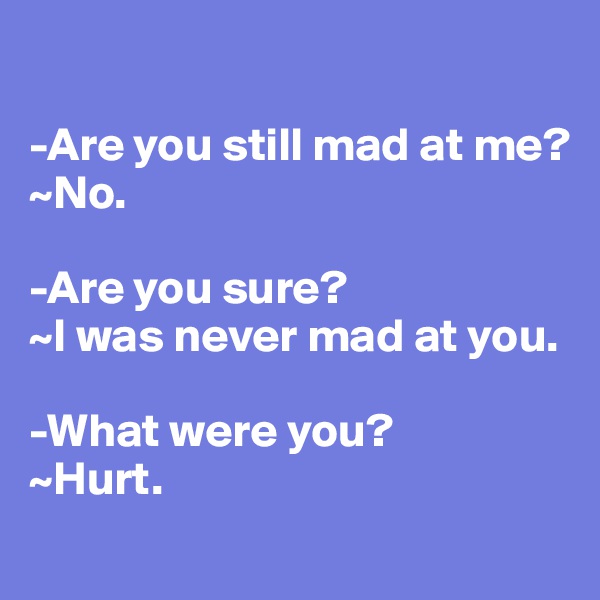 

-Are you still mad at me?
~No.

-Are you sure?
~I was never mad at you.

-What were you?
~Hurt.
