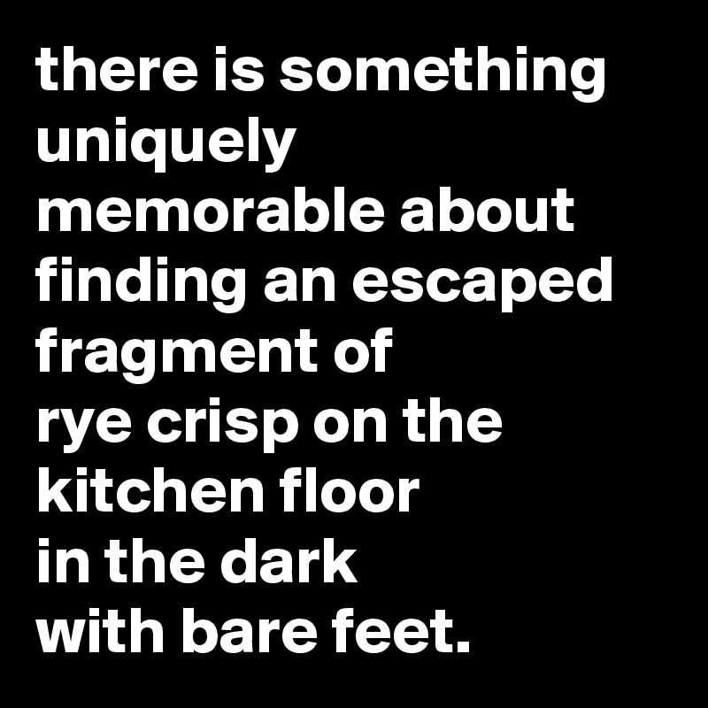there is something uniquely memorable about finding an escaped fragment of
rye crisp on the kitchen floor
in the dark
with bare feet.