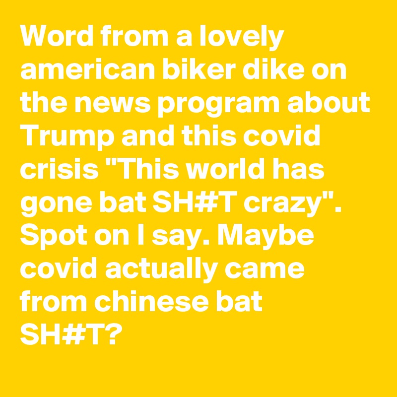 Word from a lovely american biker dike on the news program about Trump and this covid crisis "This world has gone bat SH#T crazy".
Spot on I say. Maybe covid actually came from chinese bat SH#T?