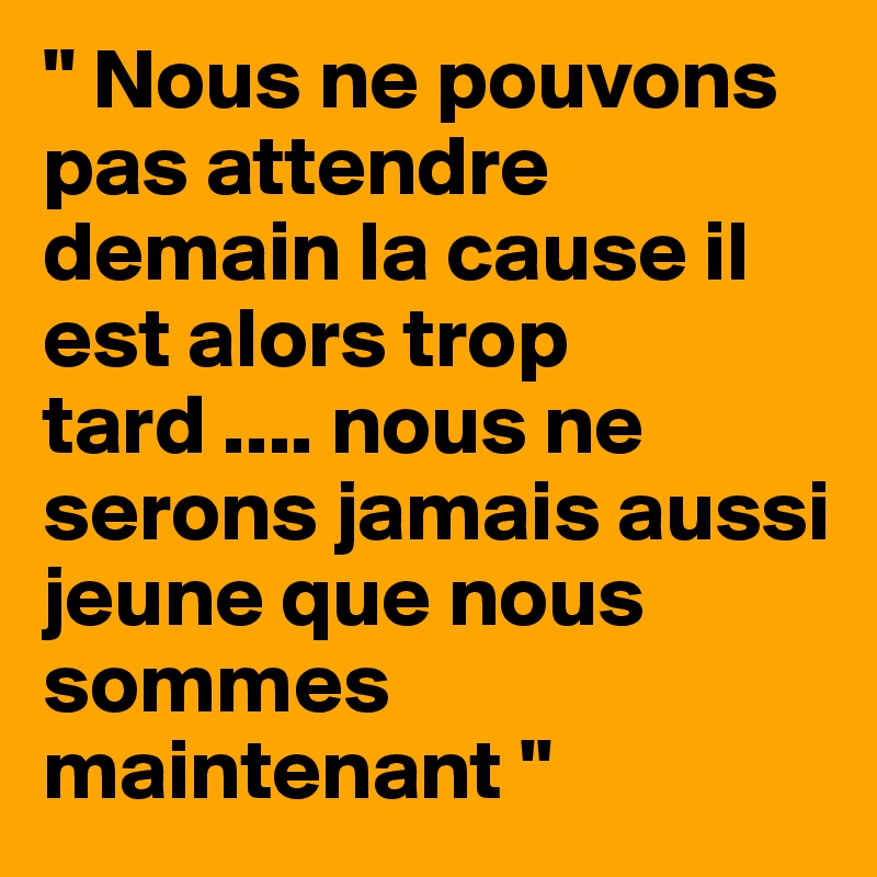 " Nous ne pouvons pas attendre demain la cause il est alors trop tard .... nous ne serons jamais aussi jeune que nous sommes maintenant "