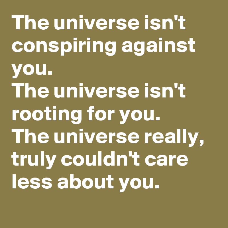 The universe isn't conspiring against you. 
The universe isn't rooting for you.
The universe really, truly couldn't care less about you.