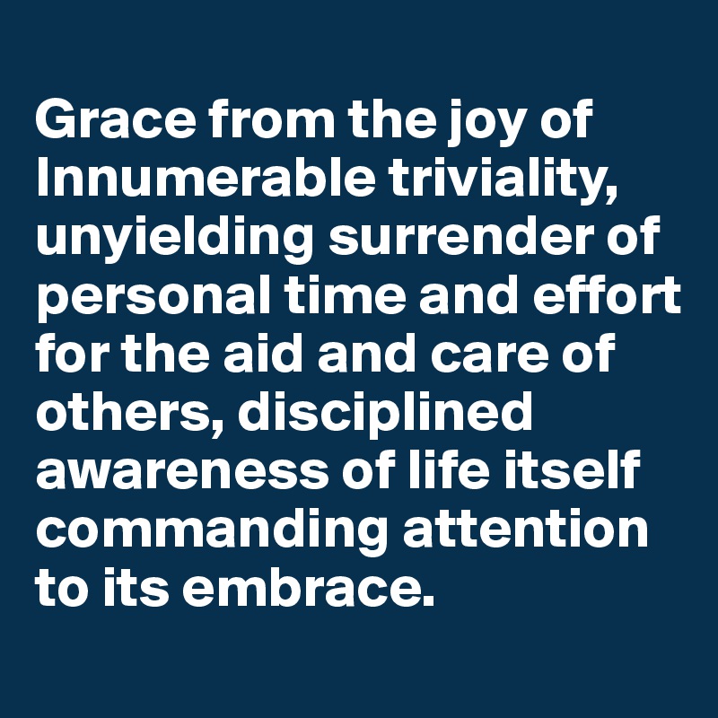 
Grace from the joy of Innumerable triviality, unyielding surrender of personal time and effort for the aid and care of others, disciplined awareness of life itself commanding attention to its embrace. 