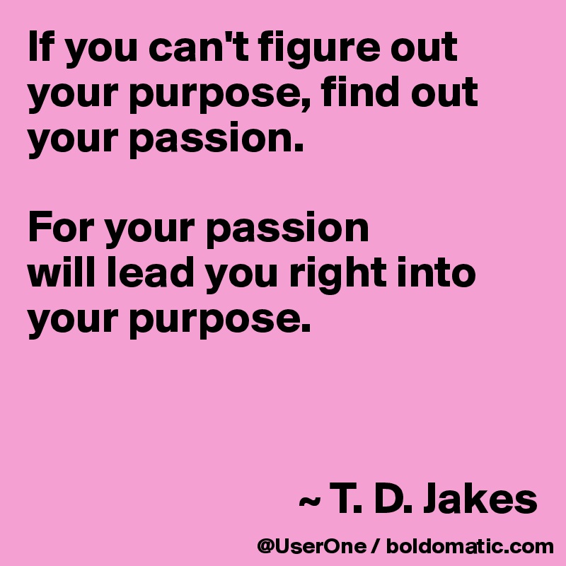 If you can't figure out your purpose, find out your passion.

For your passion
will lead you right into your purpose.



                              ~ T. D. Jakes