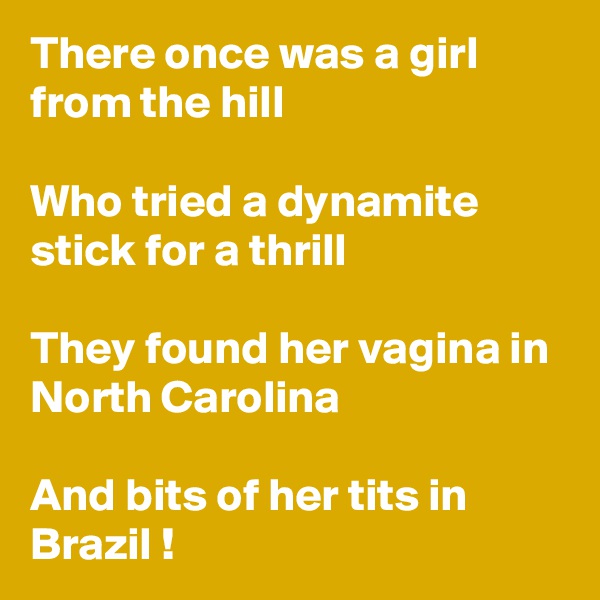 There once was a girl from the hill

Who tried a dynamite stick for a thrill

They found her vagina in North Carolina

And bits of her tits in Brazil !