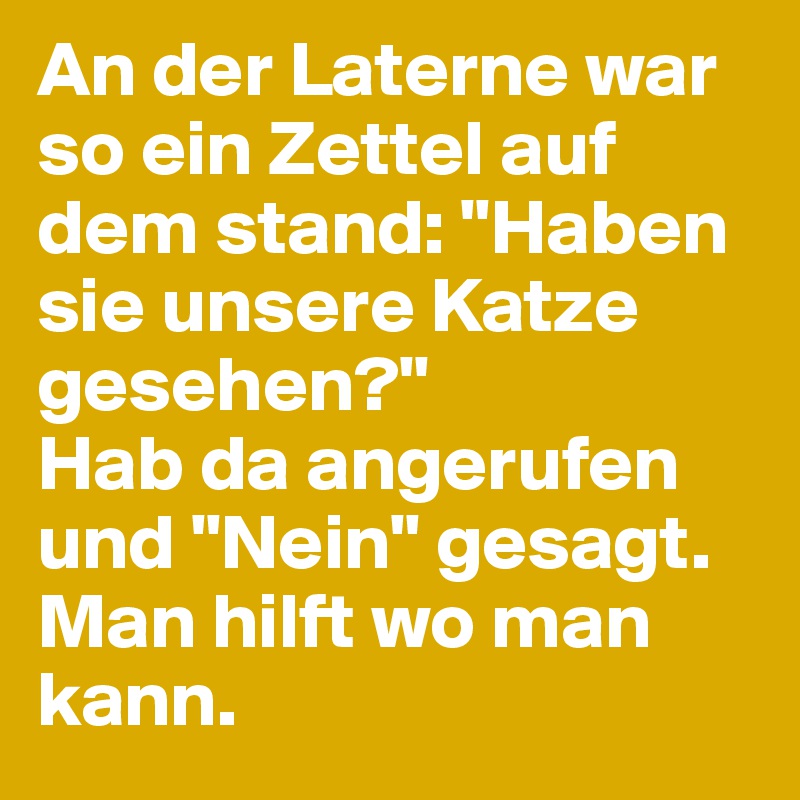 An der Laterne war so ein Zettel auf dem stand: "Haben sie unsere Katze gesehen?"
Hab da angerufen und "Nein" gesagt.
Man hilft wo man kann.
