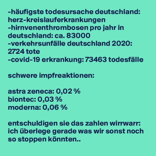 -häufigste todesursache deutschland: herz-kreislauferkrankungen
-hirnvenenthrombosen pro jahr in deutschland: ca. 83000
-verkehrsunfälle deutschland 2020: 2724 tote
-covid-19 erkrankung: 73463 todesfälle

schwere impfreaktionen:

astra zeneca: 0,02 %
biontec: 0,03 %
moderna: 0,06 %

entschuldigen sie das zahlen wirrwarr: ich überlege gerade was wir sonst noch so stoppen könnten.. 