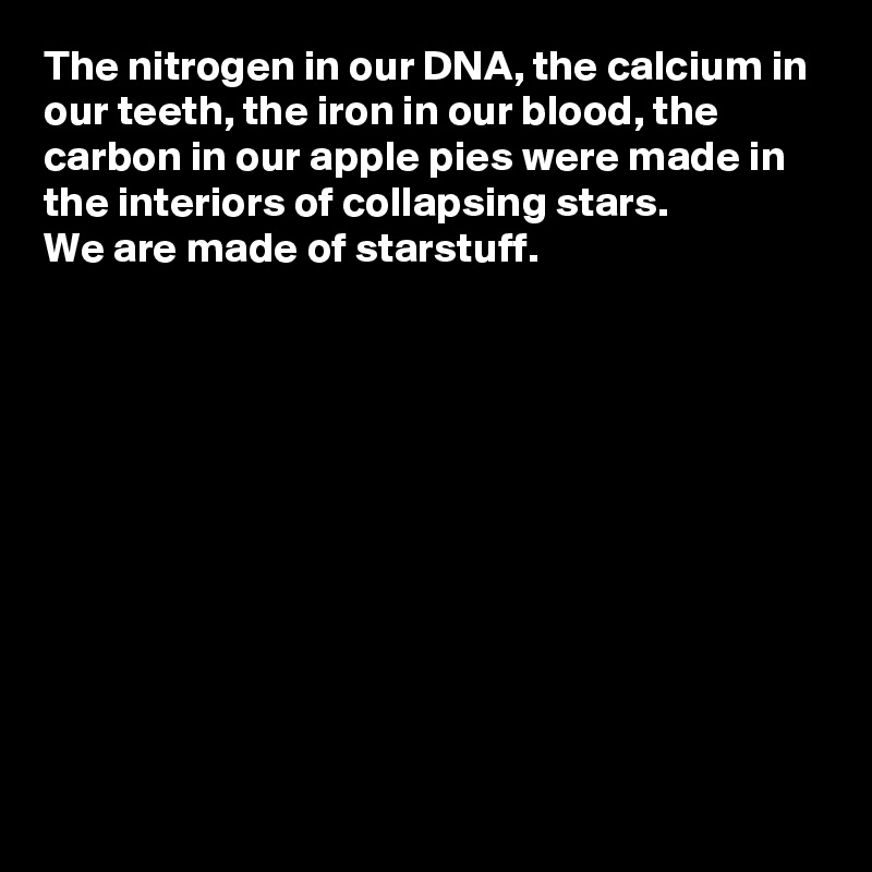 The nitrogen in our DNA, the calcium in our teeth, the iron in our blood, the carbon in our apple pies were made in the interiors of collapsing stars. 
We are made of starstuff.












