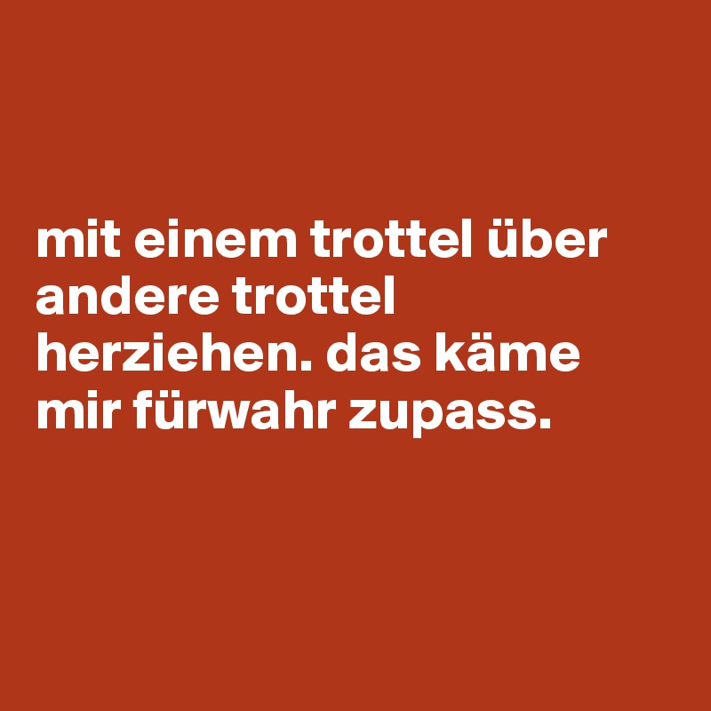 


mit einem trottel über andere trottel herziehen. das käme mir fürwahr zupass.



