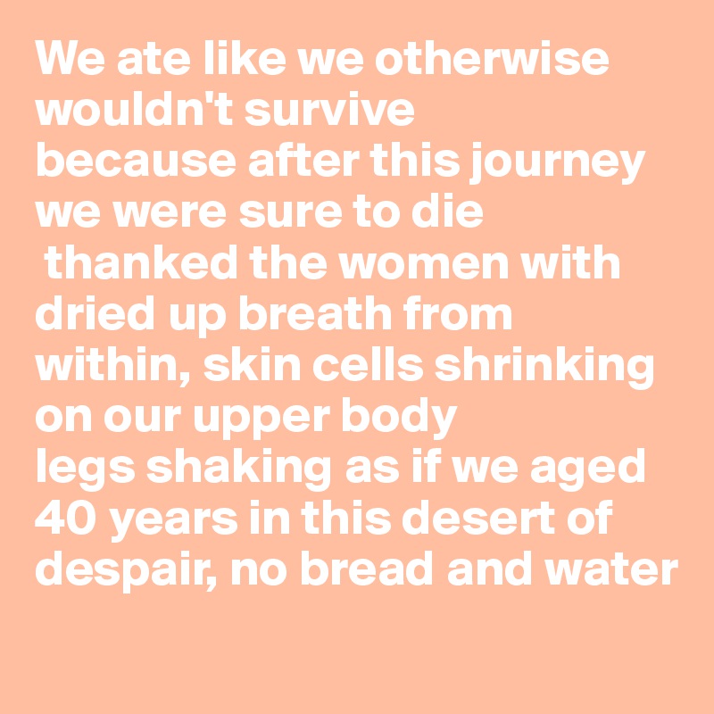 We ate like we otherwise wouldn't survive
because after this journey we were sure to die
 thanked the women with
dried up breath from within, skin cells shrinking on our upper body
legs shaking as if we aged 40 years in this desert of despair, no bread and water
 