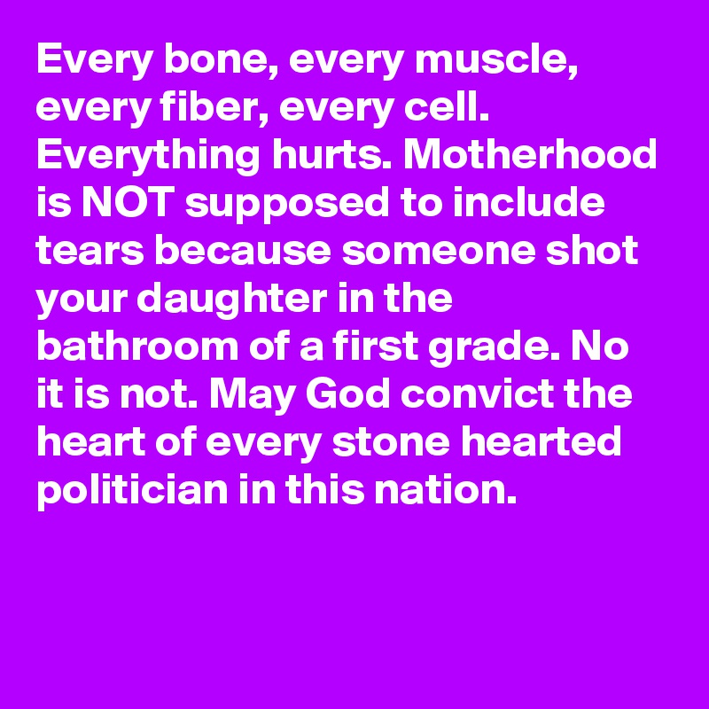 Every bone, every muscle, every fiber, every cell. Everything hurts. Motherhood is NOT supposed to include tears because someone shot your daughter in the bathroom of a first grade. No it is not. May God convict the heart of every stone hearted politician in this nation.