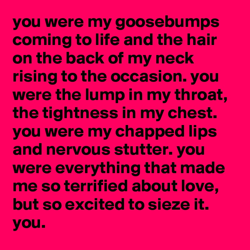 you were my goosebumps coming to life and the hair on the back of my neck rising to the occasion. you were the lump in my throat, the tightness in my chest. you were my chapped lips and nervous stutter. you were everything that made me so terrified about love, but so excited to sieze it. you.