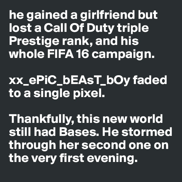he gained a girlfriend but lost a Call Of Duty triple Prestige rank, and his whole FIFA 16 campaign.

xx_ePiC_bEAsT_bOy faded to a single pixel.

Thankfully, this new world still had Bases. He stormed through her second one on the very first evening. 