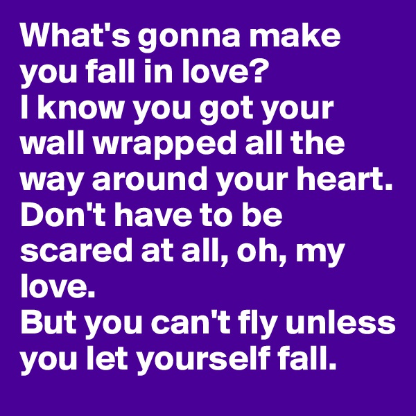 What's gonna make you fall in love? 
I know you got your wall wrapped all the way around your heart.
Don't have to be scared at all, oh, my love.
But you can't fly unless you let yourself fall. 