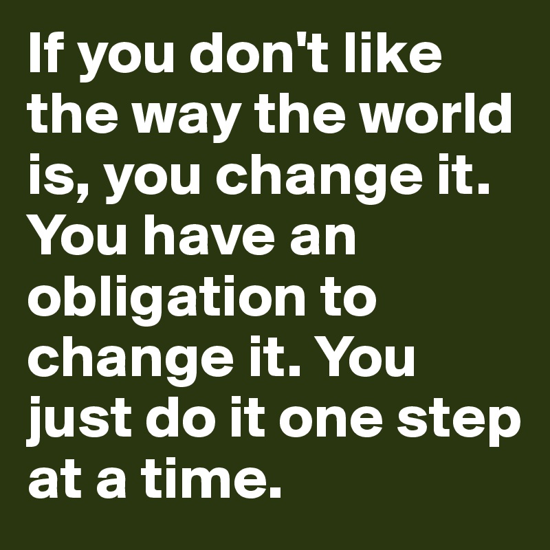 If you don't like the way the world is, you change it. You have an obligation to change it. You just do it one step at a time.