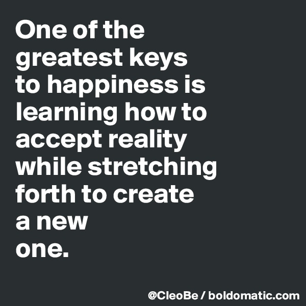 One of the
greatest keys
to happiness is
learning how to
accept reality
while stretching
forth to create
a new
one.
