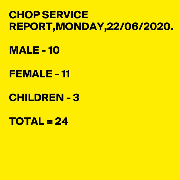 CHOP SERVICE REPORT,MONDAY,22/06/2020.

MALE - 10

FEMALE - 11

CHILDREN - 3

TOTAL = 24