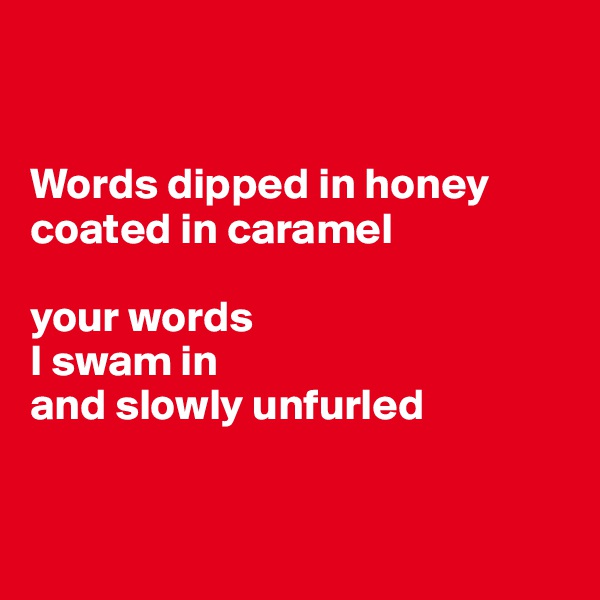 


Words dipped in honey
coated in caramel

your words
I swam in 
and slowly unfurled



