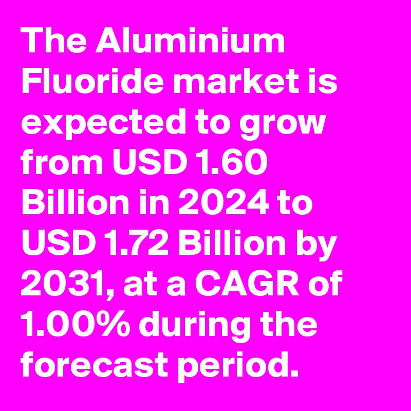 The Aluminium Fluoride market is expected to grow from USD 1.60 Billion in 2024 to USD 1.72 Billion by 2031, at a CAGR of 1.00% during the forecast period.