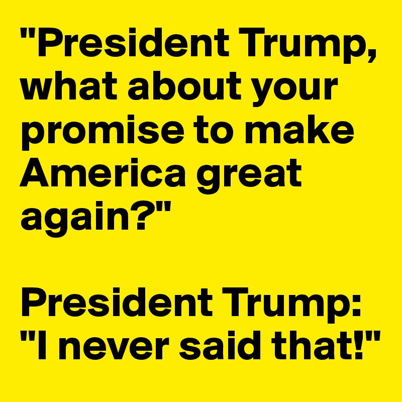 "President Trump, what about your promise to make America great again?"

President Trump:
"I never said that!"