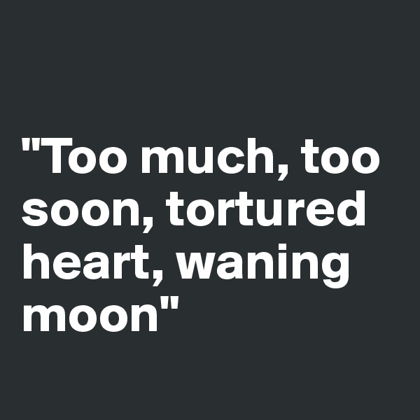 

"Too much, too soon, tortured heart, waning moon"
