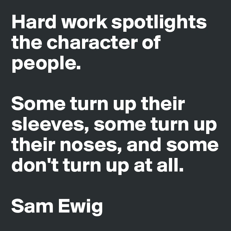 Hard work spotlights the character of people. 

Some turn up their sleeves, some turn up their noses, and some don't turn up at all.

Sam Ewig 