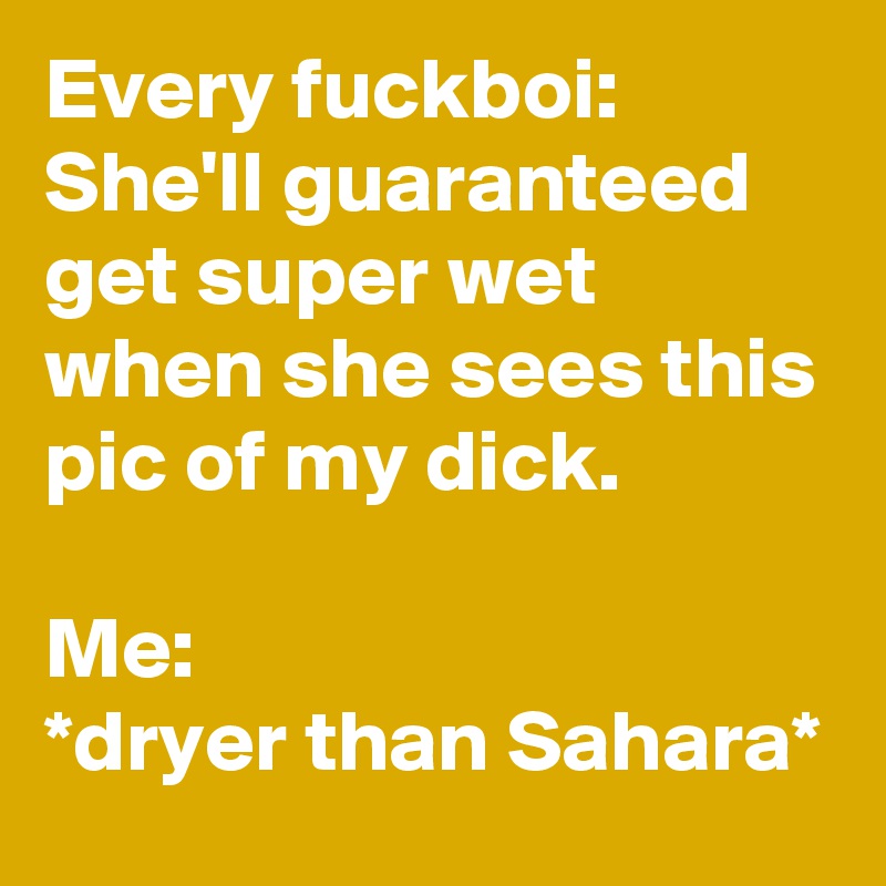 Every fuckboi: She'll guaranteed get super wet when she sees this pic of my dick.

Me: 
*dryer than Sahara*