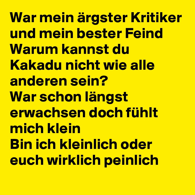 War mein ärgster Kritiker und mein bester Feind
Warum kannst du Kakadu nicht wie alle anderen sein?
War schon längst erwachsen doch fühlt mich klein
Bin ich kleinlich oder euch wirklich peinlich 