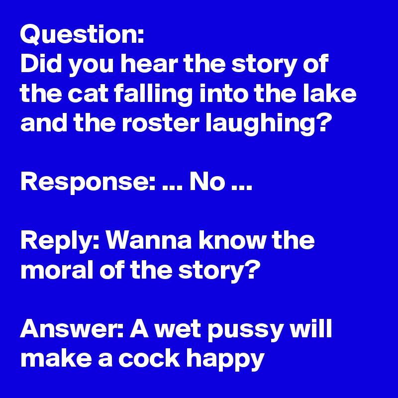 Question: 
Did you hear the story of the cat falling into the lake and the roster laughing?

Response: ... No ...

Reply: Wanna know the moral of the story? 

Answer: A wet pussy will make a cock happy
