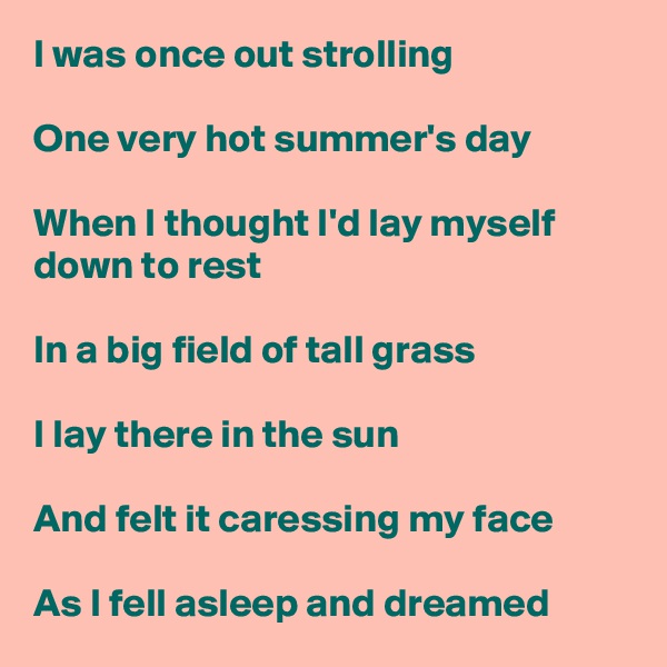 I was once out strolling

One very hot summer's day

When I thought I'd lay myself down to rest

In a big field of tall grass

I lay there in the sun

And felt it caressing my face

As I fell asleep and dreamed
